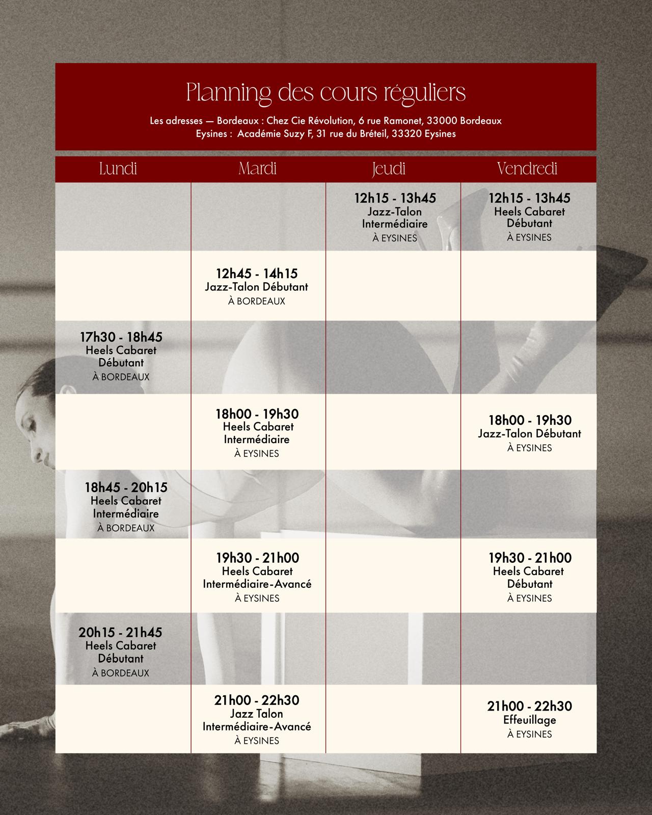 planing cours danse